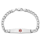 14K White Gold Medical Semi-Solid Chain/Solid Plate Soft Diamond Shape 36x9mm Centered Red Enamel Curb Link 8 inch ID Bracelet