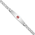 14K White Gold Medical Semi-Solid Chain/Solid Plate Soft Diamond Shape 36x9mm Centered Red Enamel Curb Link 8 inch ID Bracelet