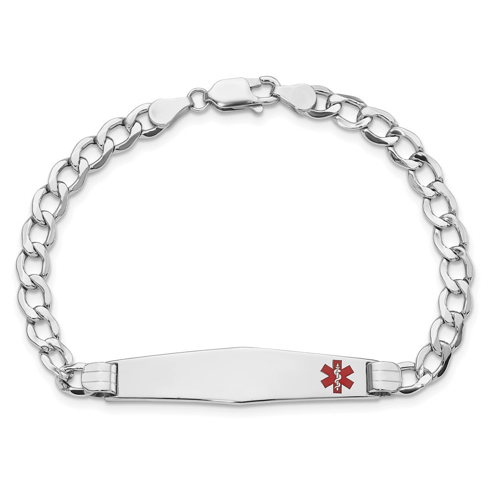 14K White Gold Medical Semi-Solid Chain/Solid Plate Soft Diamond Shape 37x9mm Off-Center Red Enamel Cuban Link 8 inch ID Bracelet