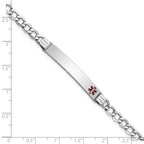 14K White Gold Medical Semi-solid Chain/Solid Plate 37x6mm Off-Center Red Enamel Curb Link 8 inch ID Bracelet