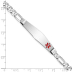 14K White Gold Medical Solid Chain/Solid Plate Soft Diamond Shape 38x9mm Off-Center Red Enamel Figaro Link 8 inch ID Bracelet