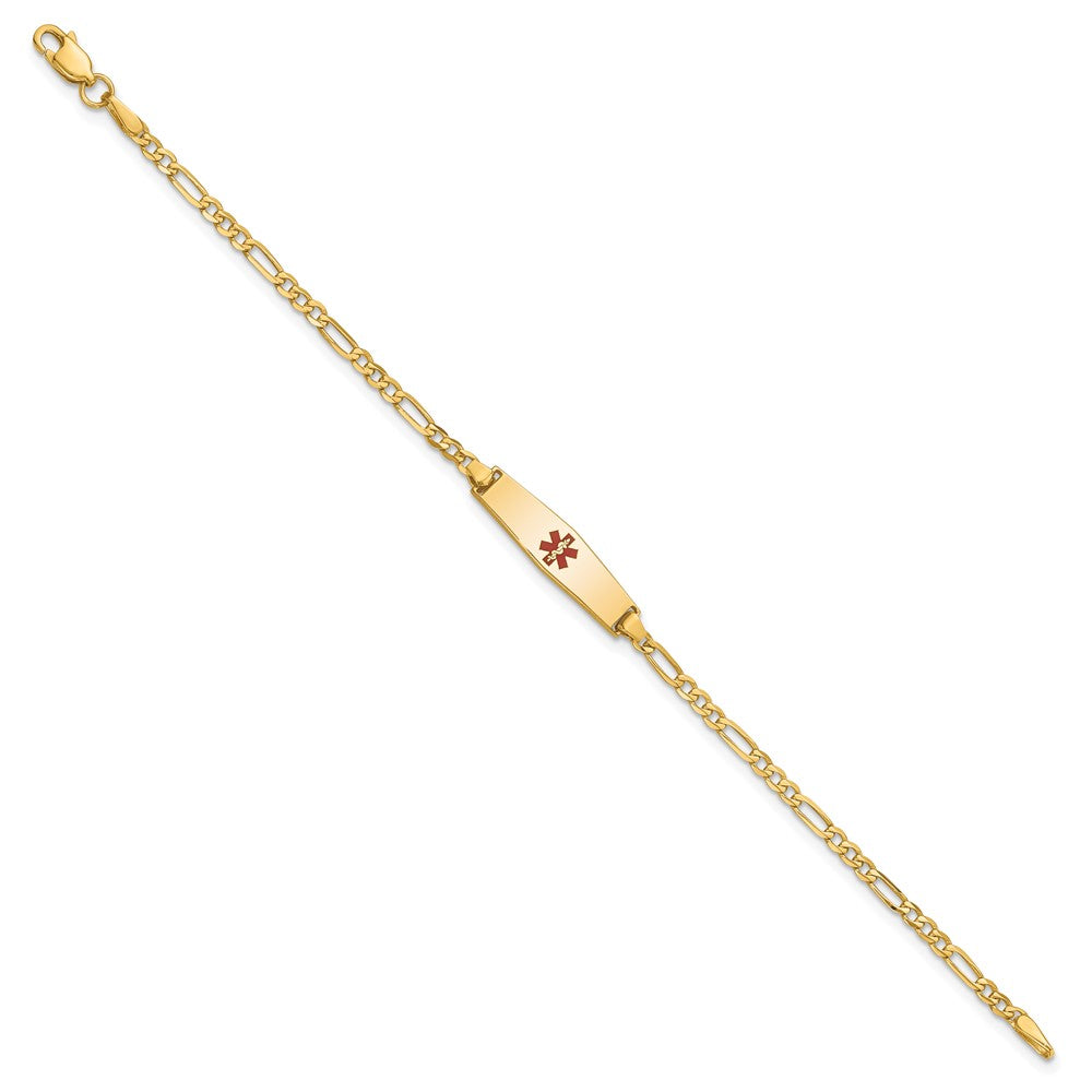 14k Medical Solid Chain/Solid Plate 20x5mm Soft Diamond Shape Centered Red Enamel Figaro Link 8 inch ID Bracelet