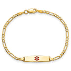 14k Medical Solid Chain/Solid Plate 20x5mm Soft Diamond Shape Centered Red Enamel Figaro Link 6 inch Baby/Child ID Bracelet