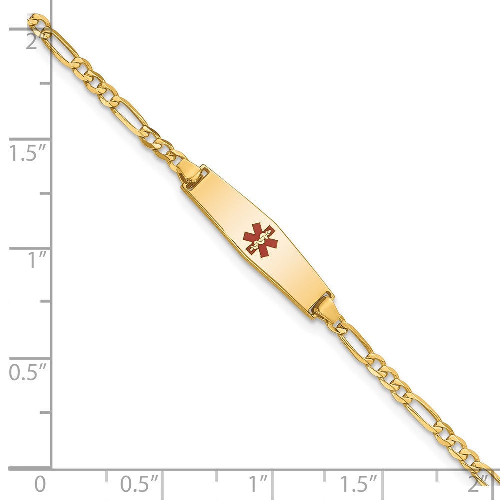 14k Medical Solid Chain/Solid Plate 20x5mm Soft Diamond Shape Centered Red Enamel Figaro Link 8 inch ID Bracelet