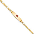 14k Medical Solid Chain/Solid Plate 20x5mm Soft Diamond Shape Centered Red Enamel Figaro Link 7 inch ID Bracelet