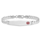 14K White Gold Medical Solid Chain/Solid Plate Soft Diamond Shape 38x9mm Off-Center Red Enamel Flat Curb Link 8 inch ID Bracelet