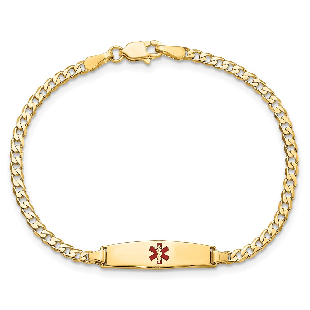 14k Medical Solid Chain/Solid Plate 20x5mm Soft Diamond Shape Centered Red Enamel Curb Link 8 inch ID Bracelet