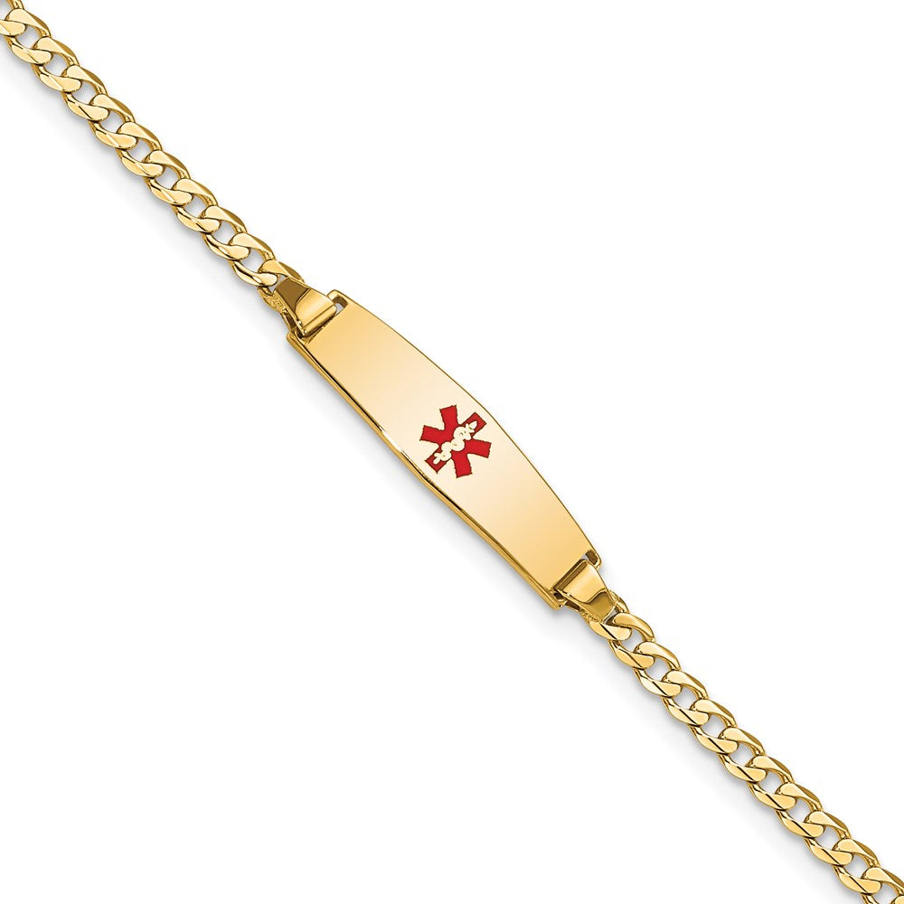 14k Medical Solid Chain/Solid Plate 20x5mm Soft Diamond Shape Centered Red Enamel Curb Link 7 inch ID Bracelet