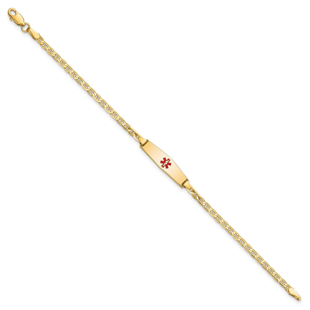 14k Medical Solid Chain/Solid Plate 20x5mm Soft Diamond Shape Centered Red Enamel Flat Anchor Link 6 inch Baby/Child ID Bracelet