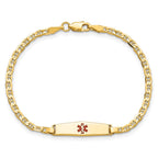 14k Medical Solid Chain/Solid Plate 20x5mm Soft Diamond Shape Centered Red Enamel Flat Anchor Link 7 inch ID Bracelet