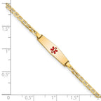 14k Medical Solid Chain/Solid Plate 20x5mm Soft Diamond Shape Centered Red Enamel Flat Anchor Link 7 inch ID Bracelet