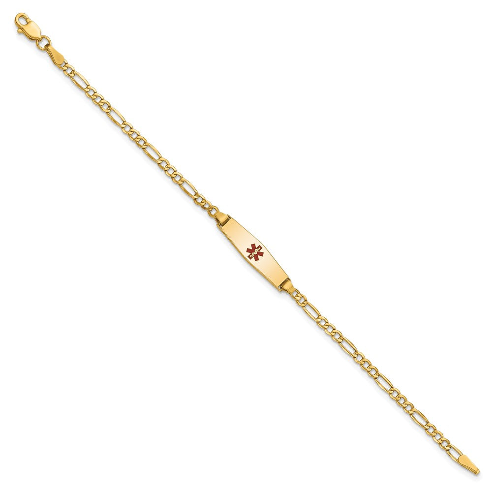 14k Medical Semi-Solid Chain/Solid Plate 20x5mm Soft Diamond Shape Centered Red Enamel Figaro Link 7 inch ID Bracelet