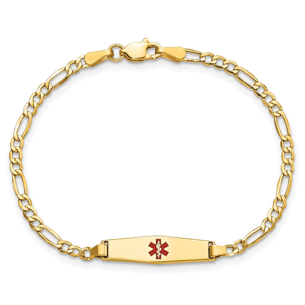14k Medical Semi-Solid Chain/Solid Plate 20x5mm Soft Diamond Shape Centered Red Enamel Figaro Link 6 inch Baby/Child ID Bracelet
