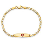 14k Medical Semi-Solid Chain/Solid Plate 20x5mm Soft Diamond Shape Centered Red Enamel Figaro Link 7 inch ID Bracelet