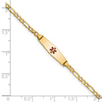 14k Medical Semi-Solid Chain/Solid Plate 20x5mm Soft Diamond Shape Centered Red Enamel Figaro Link 7 inch ID Bracelet