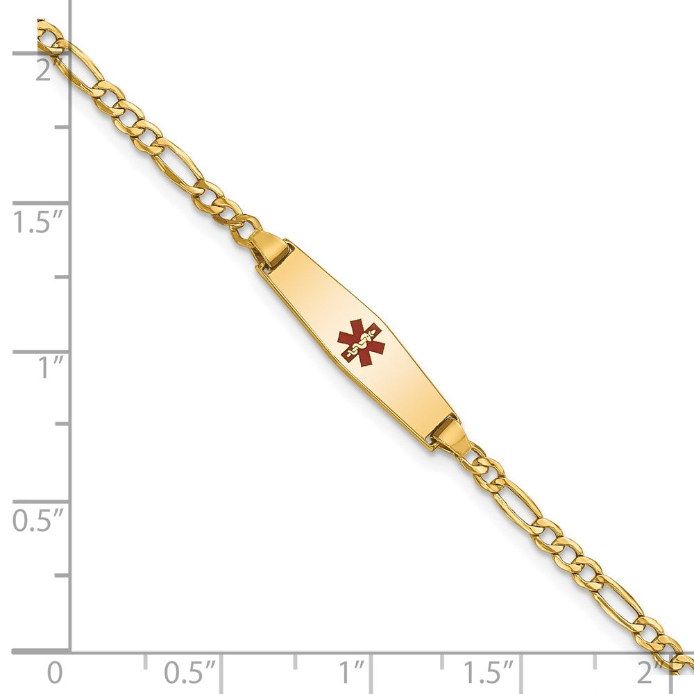 14k Medical Semi-Solid Chain/Solid Plate 20x5mm Soft Diamond Shape Centered Red Enamel Figaro Link 7 inch ID Bracelet