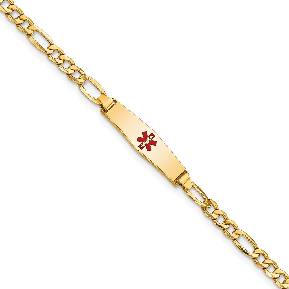 14k Medical Semi-Solid Chain/Solid Plate 20x5mm Soft Diamond Shape Centered Red Enamel Figaro Link 7 inch ID Bracelet