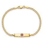 14k Medical Semi-Solid Chain/Solid Plate 20x5mm Soft Diamond Shape Centered Red Enamel Cuban Link 6 inch Baby/Child ID Bracelet