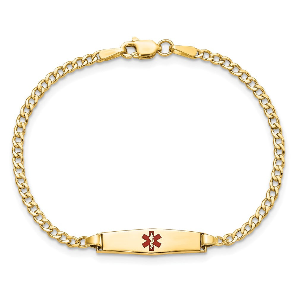 14k Medical Semi-Solid Chain/Solid Plate 20x5mm Soft Diamond Shape Centered Red Enamel Cuban Link 7 inch ID Bracelet