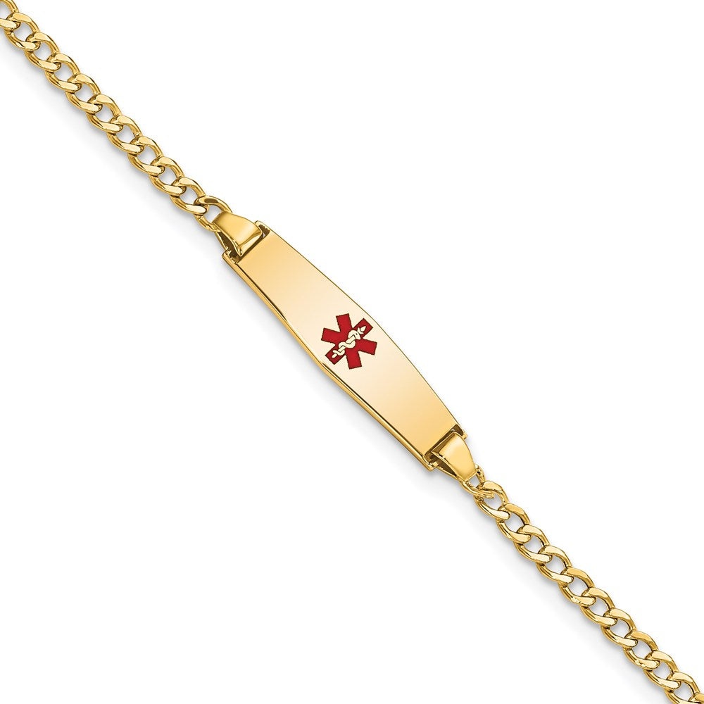 14k Medical Semi-Solid Chain/Solid Plate 20x5mm Soft Diamond Shape Centered Red Enamel Cuban Link 7 inch ID Bracelet