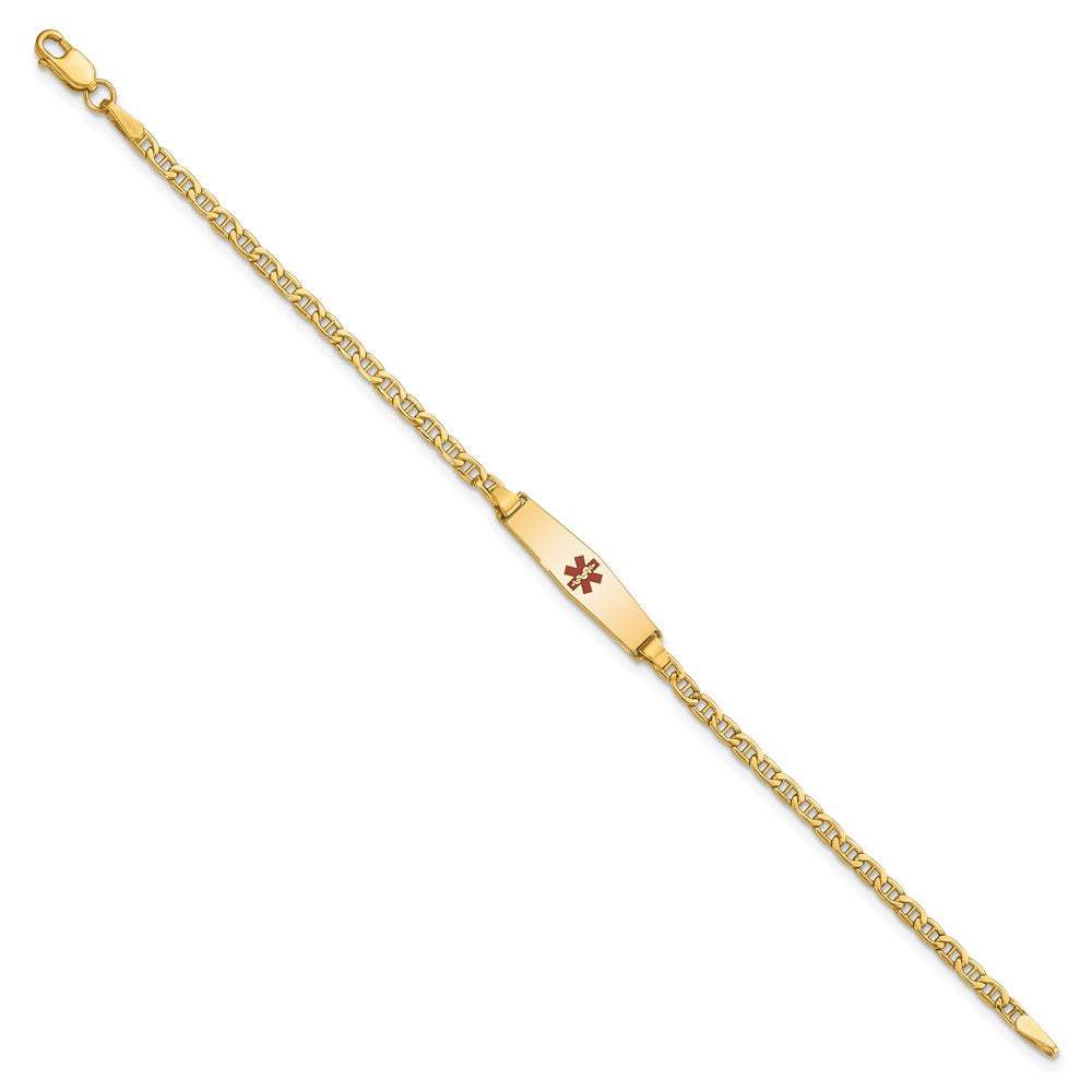 14k Medical Semi-Solid Chain/Solid Plate 20x5mm Soft Diamond Shape Centered Red Enamel Anchor Link 6 inch Baby/Child ID Bracelet