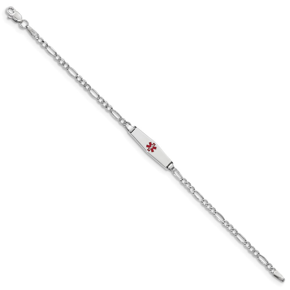 14k White Gold Medical Semi-Solid Chain/Solid Plate 20x5mm Soft Diamond Shape Centered Red Enamel Figaro Link 7 inch ID Bracelet