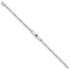 14k White Gold Medical Semi-Solid Chain/Solid Plate 20x5mm Soft Diamond Shape Centered Red Enamel Figaro Link 7 inch ID Bracelet