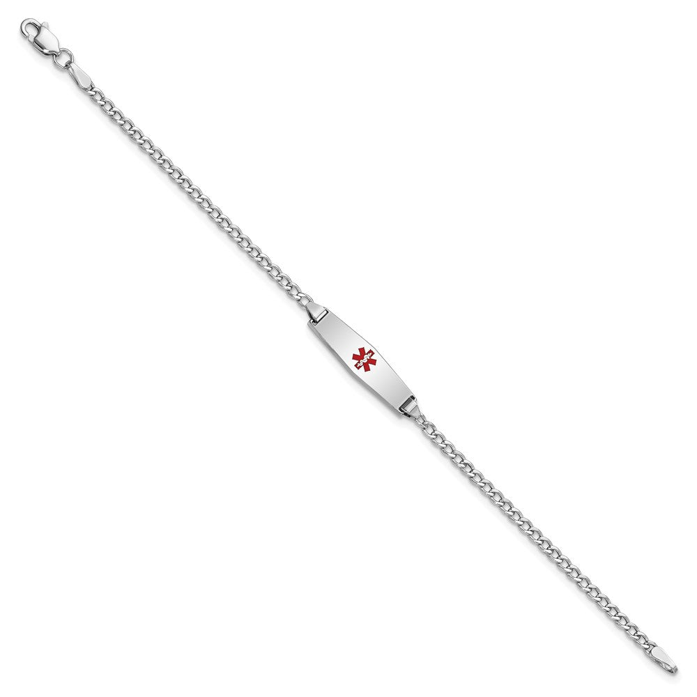 14k White Gold Medical Semi-Solid Chain/Solid Plate 20x5mm Soft Diamond Shape Centered Red Enamel Cuban Link 7 inch ID Bracelet