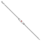 14k White Gold Medical Semi-Solid Chain/Solid Plate 20x5mm Soft Diamond Shape Centered Red Enamel Cuban Link 7 inch ID Bracelet