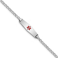14k White Gold Medical Semi-Solid Chain/Solid Plate 20x5mm Soft Diamond Shape Centered Red Enamel Cuban Link 6 inch Baby/Child ID Bracelet