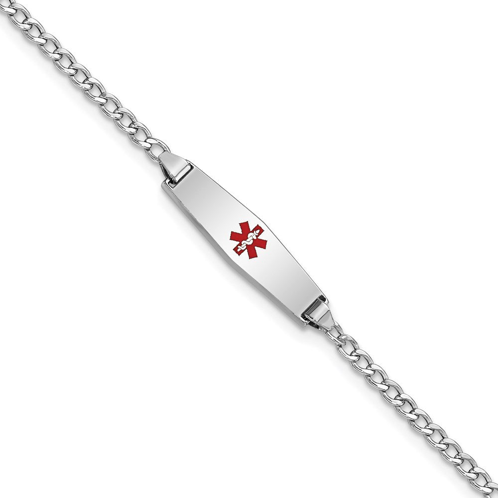 14k White Gold Medical Semi-Solid Chain/Solid Plate 20x5mm Soft Diamond Shape Centered Red Enamel Cuban Link 7 inch ID Bracelet