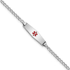 14k White Gold Medical Semi-Solid Chain/Solid Plate 20x5mm Soft Diamond Shape Centered Red Enamel Cuban Link 7 inch ID Bracelet