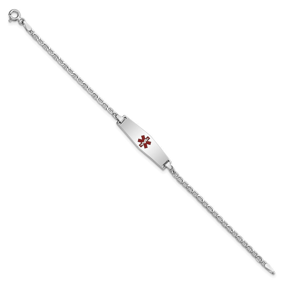 14k White Gold Medical Semi-Solid Chain/Solid Plate 25x7mm Soft Diamond Shape Centered Red Enamel Anchor Link 7 inch ID Bracelet
