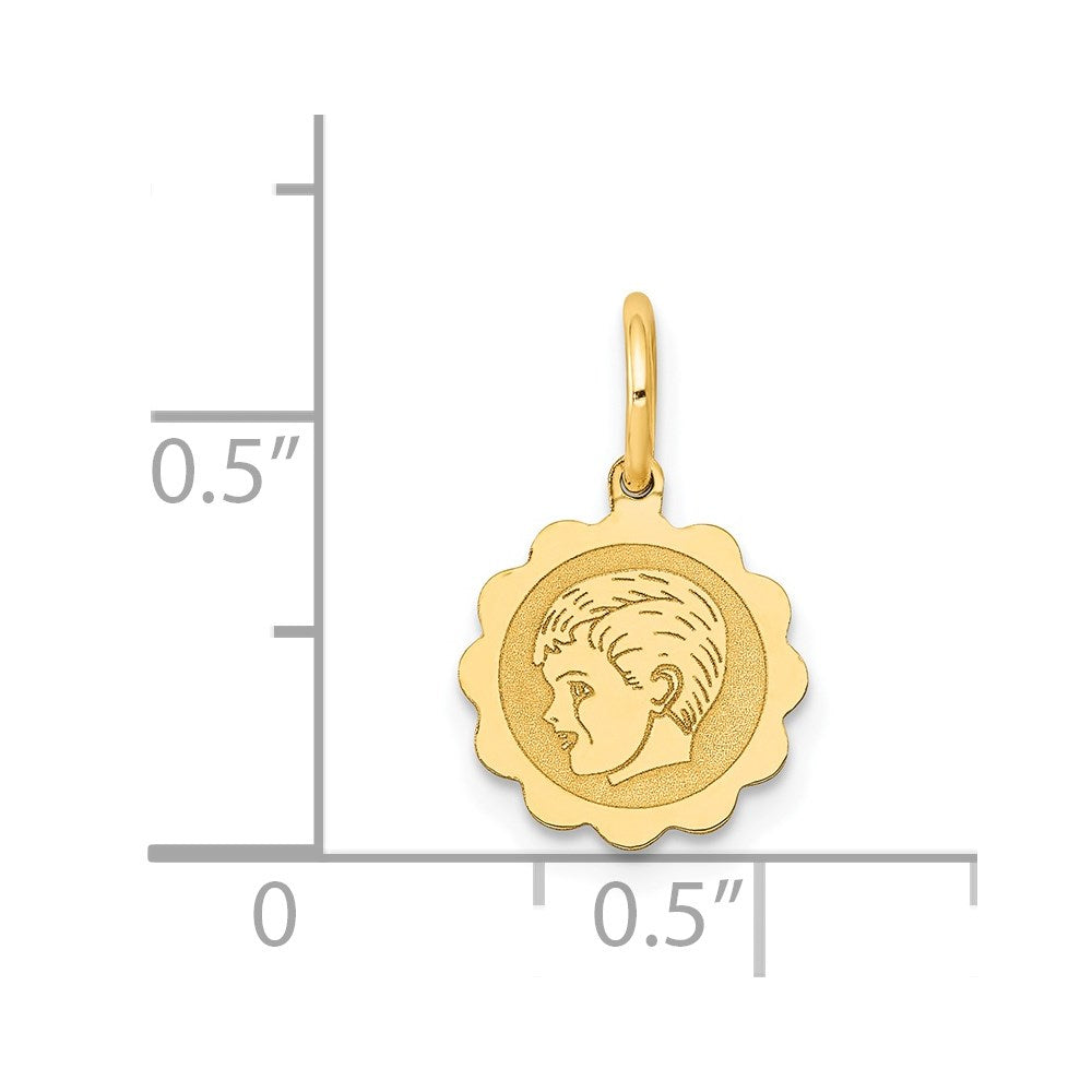 14k Boy Head on .009 Gauge 10mm Engravable Scalloped Disc Charm