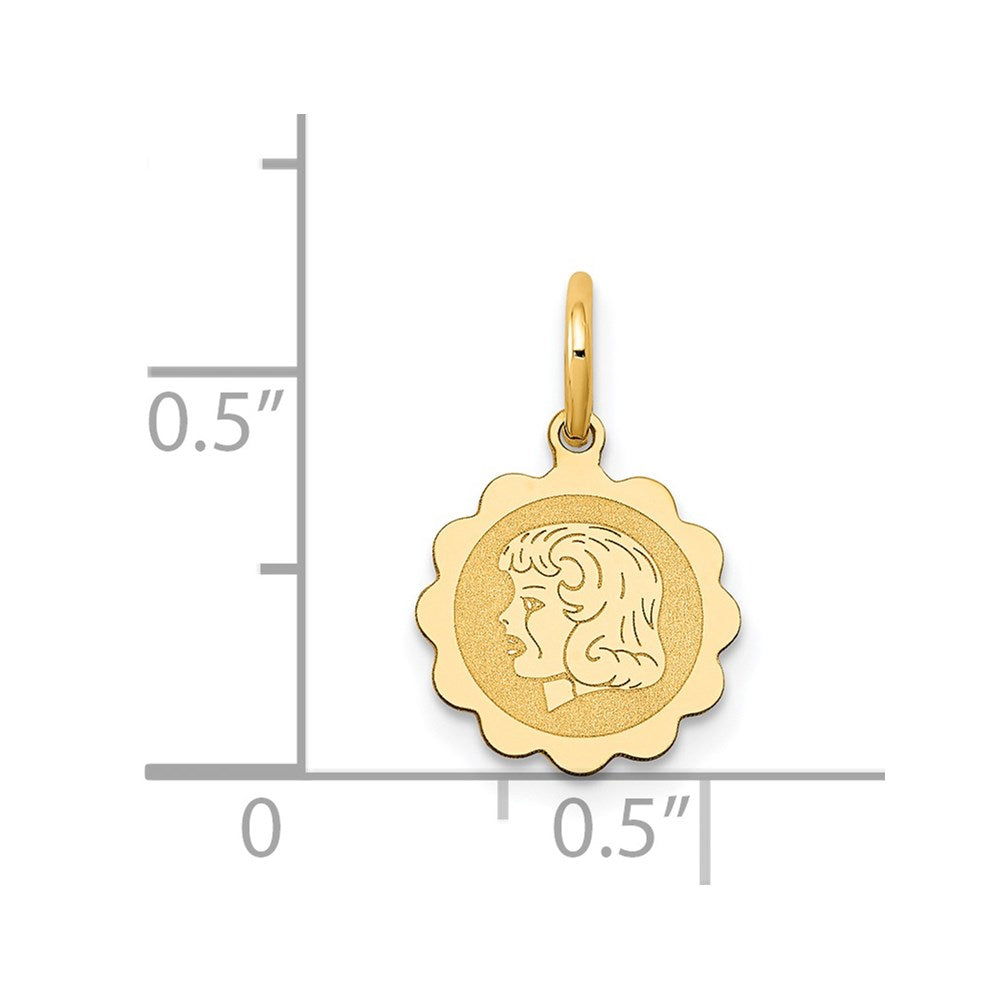 14k Girl Head on .009 Gauge 10mm Engravable Scalloped Disc Charm