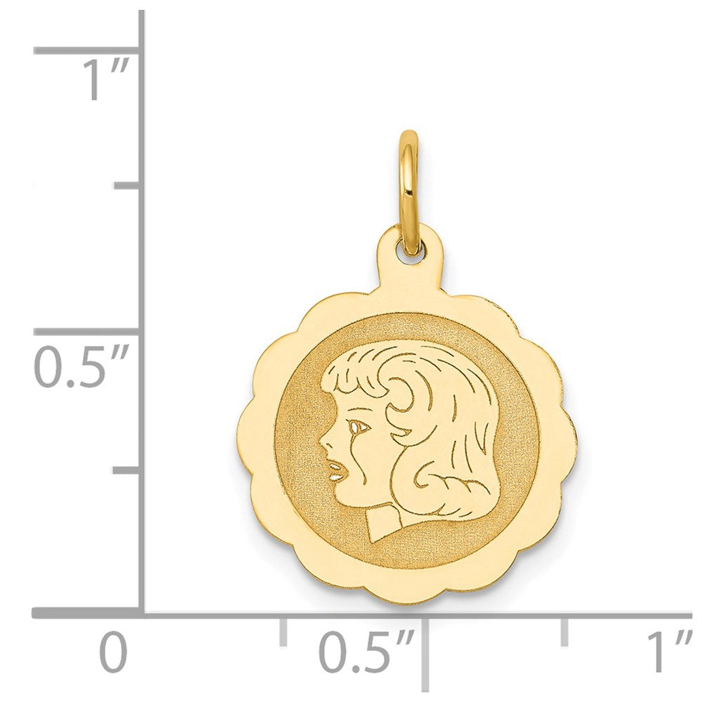 14k Girl Head on .013 Gauge 15mm Engravable Scalloped Disc Charm