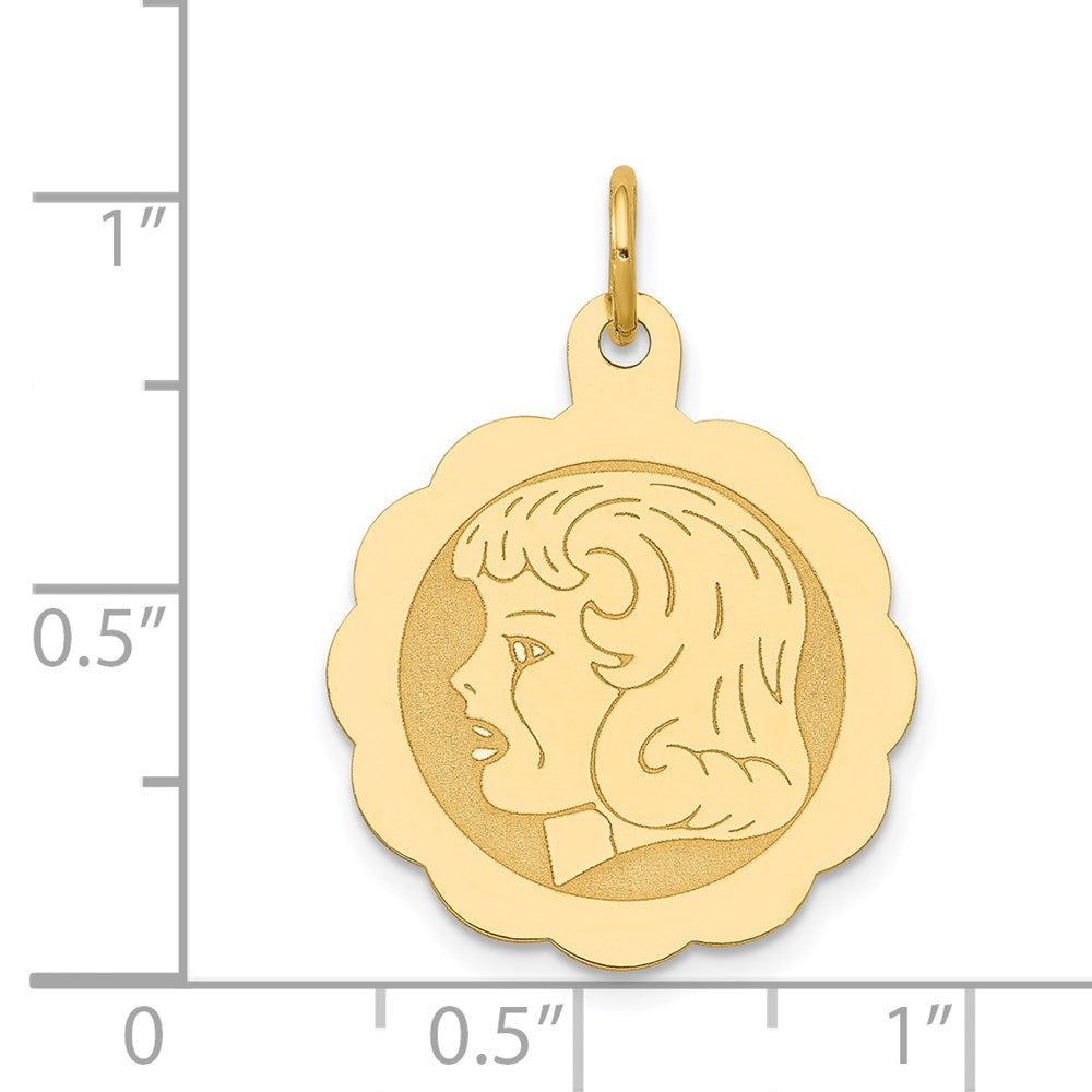 14k Girl Head on .013 Gauge 18mm Engravable Scalloped Disc Charm