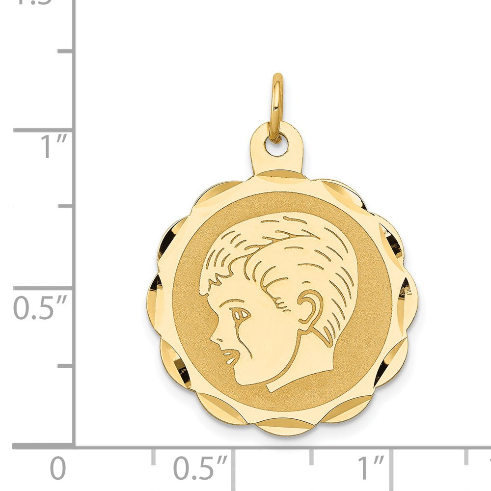 14k Boy Head on .011 Gauge 22mm Engravable Scalloped Disc Charm