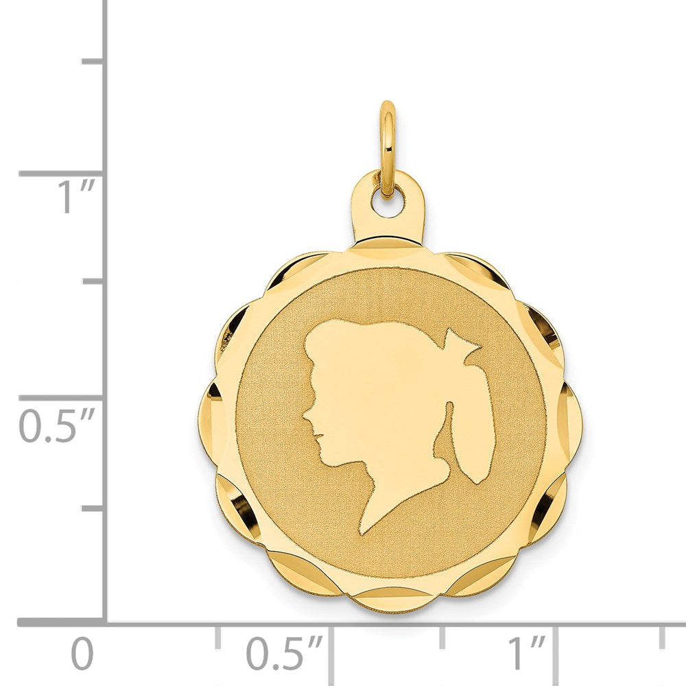 14k Girl Head on .013 Gauge Engravable Scalloped 25x22mm Disc Charm