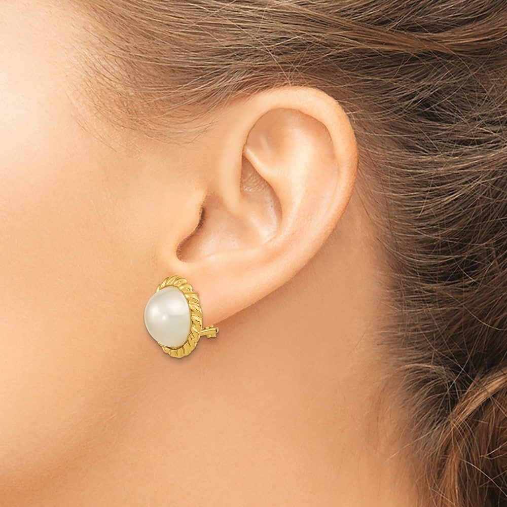 14k 13-14mm White Mabe Saltwater Cultured  Pearl Omega Back Earrings