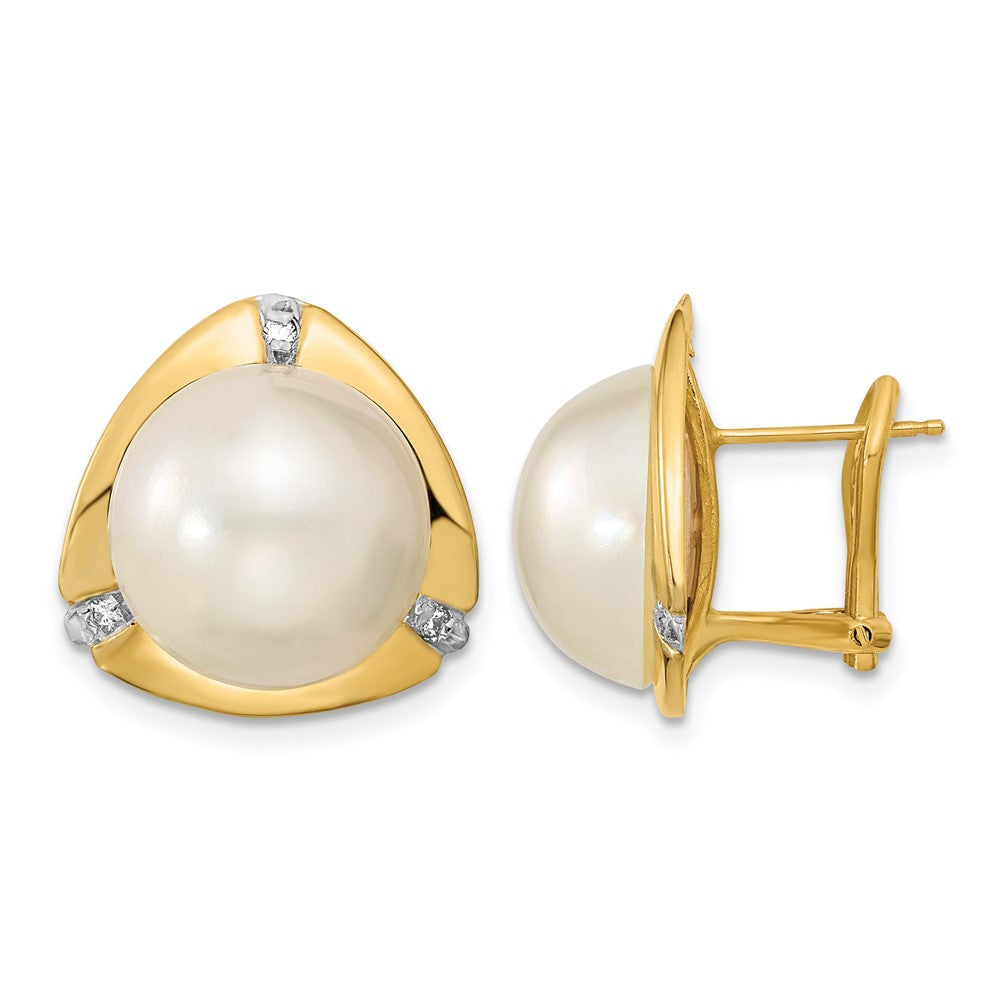 14k 12-13mm White Mabe Saltwater Cultured Pearl and .06 Carat Diamond Omega Back Earrings