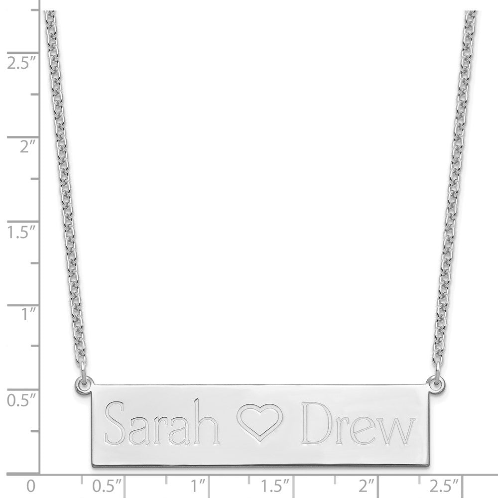 SS/Rhodium-plated Brushed 2 Names and Heart Bar Necklace