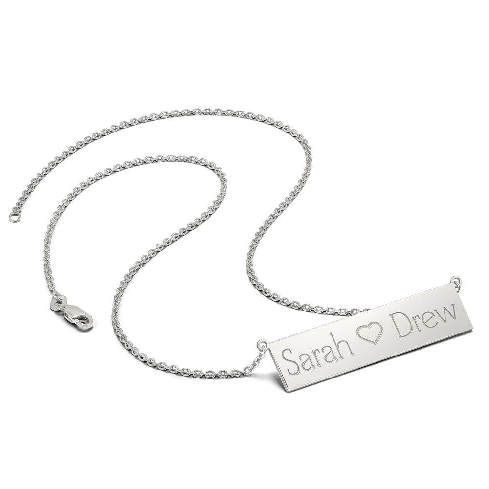 14k White Gold Brushed 2 Names and Heart Bar Necklace