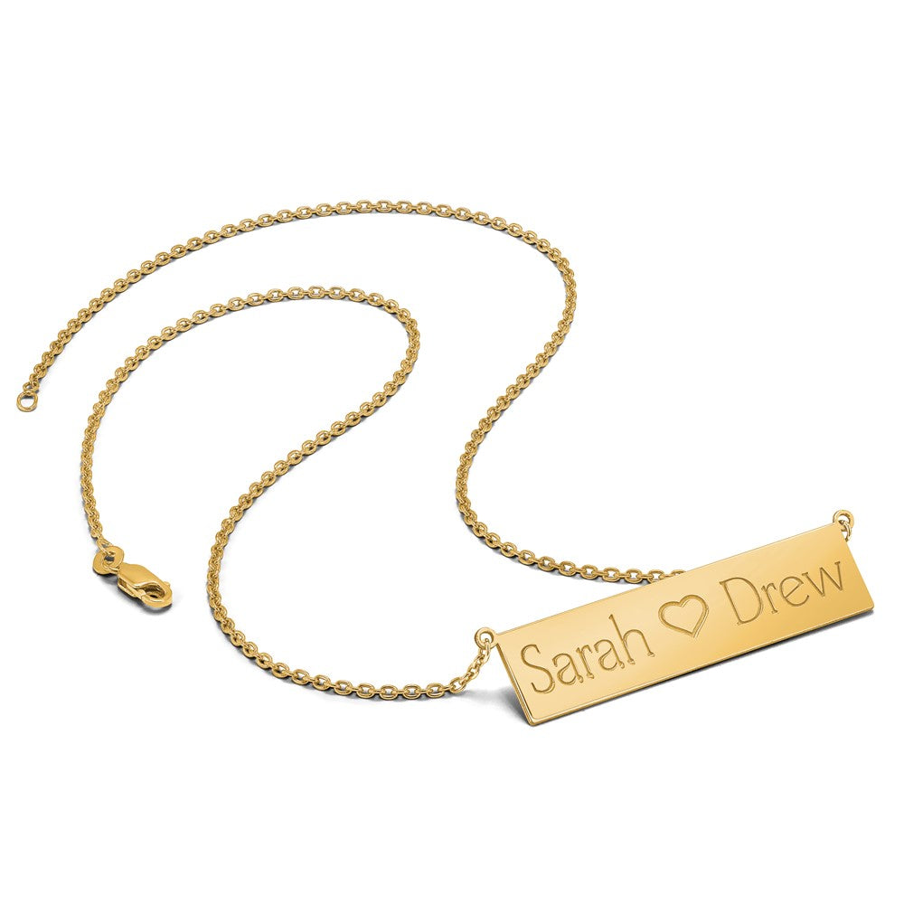 14k Yellow Gold Brushed 2 Names and Heart Bar Necklace