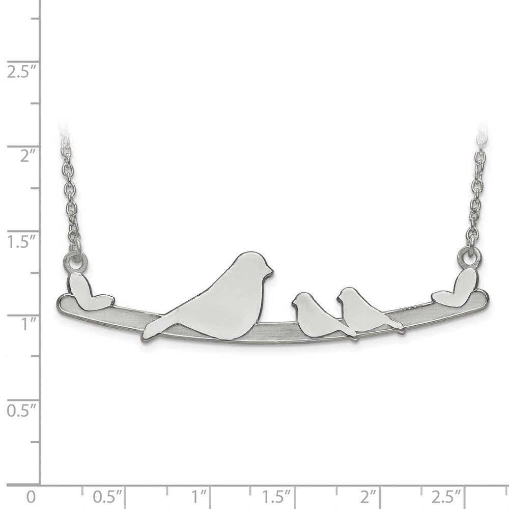 Sterling Silver Rh-plt Laser Bird Family 2 Children Pendant w/ Chain