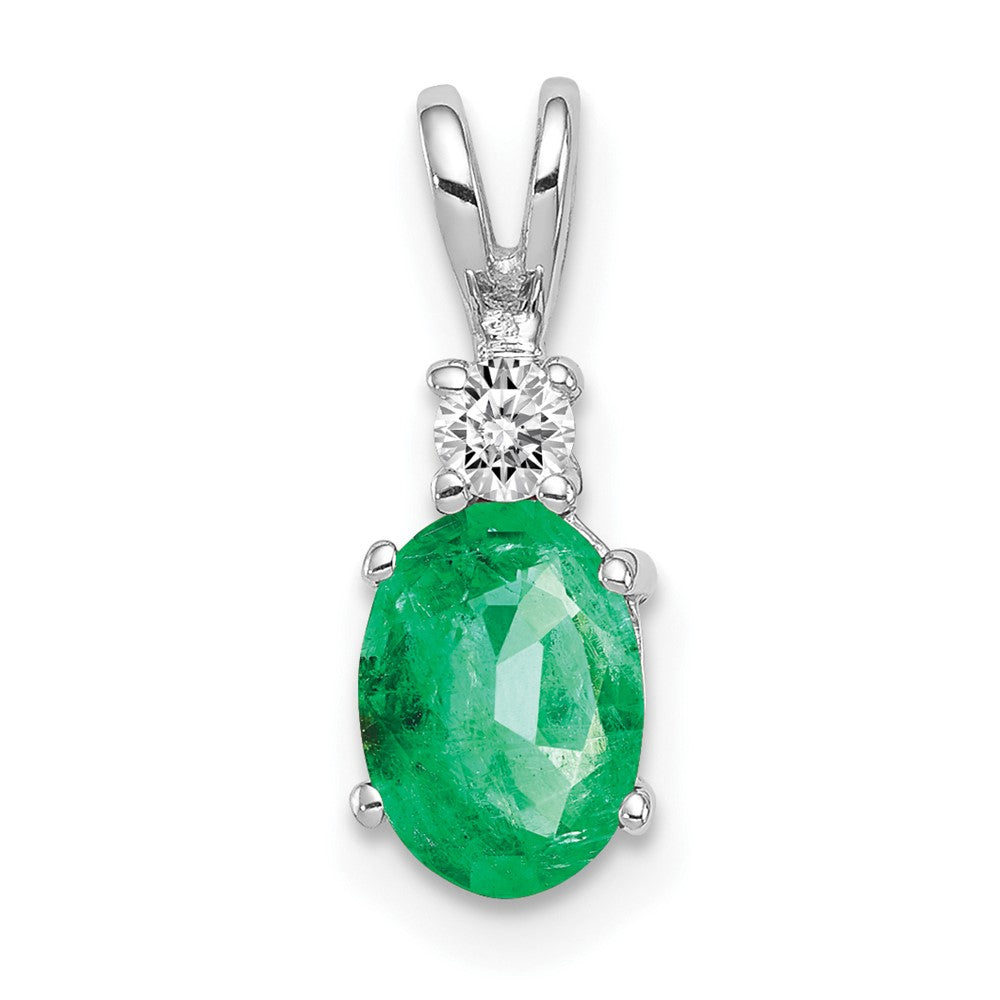 14k White Gold 7x5mm Oval Emerald and AA Diamond Pendant