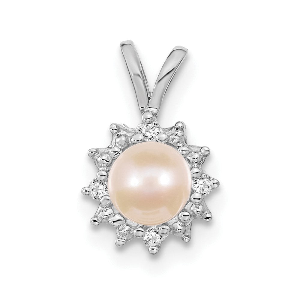 14k White Gold 4-5mm Near Round White Freshwater Cultured Pearl and VS Diamond Pendant