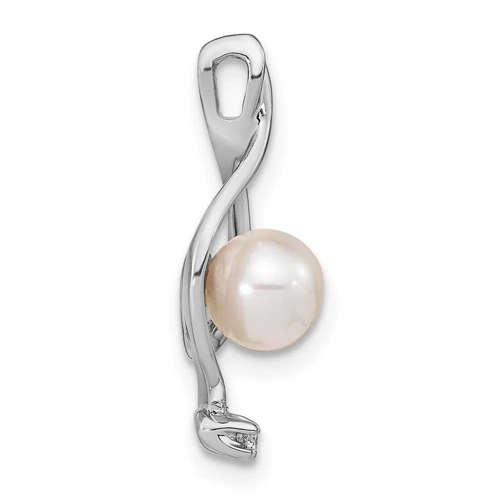 14k White Gold 5-6mm Near Round White Freshwater Cultured Pearl and AA Diamond Chain Slide