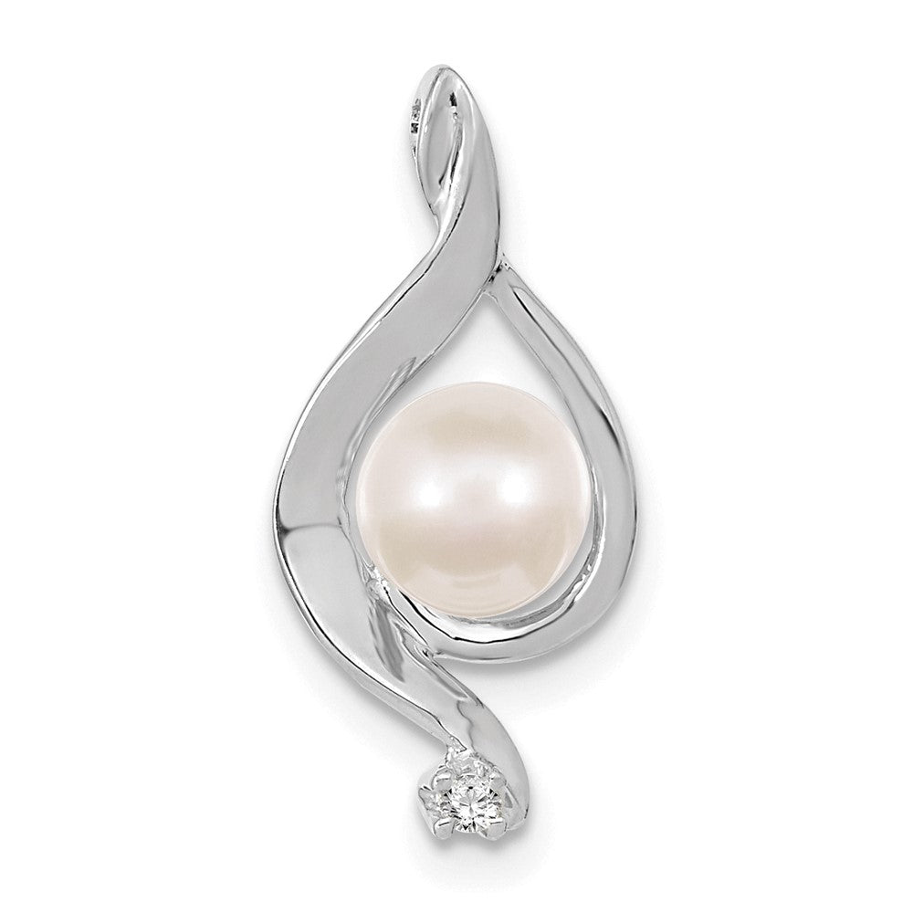 14k White Gold 5-6mm Near Round White Freshwater Cultured Pearl and VS Diamond Chain Slide