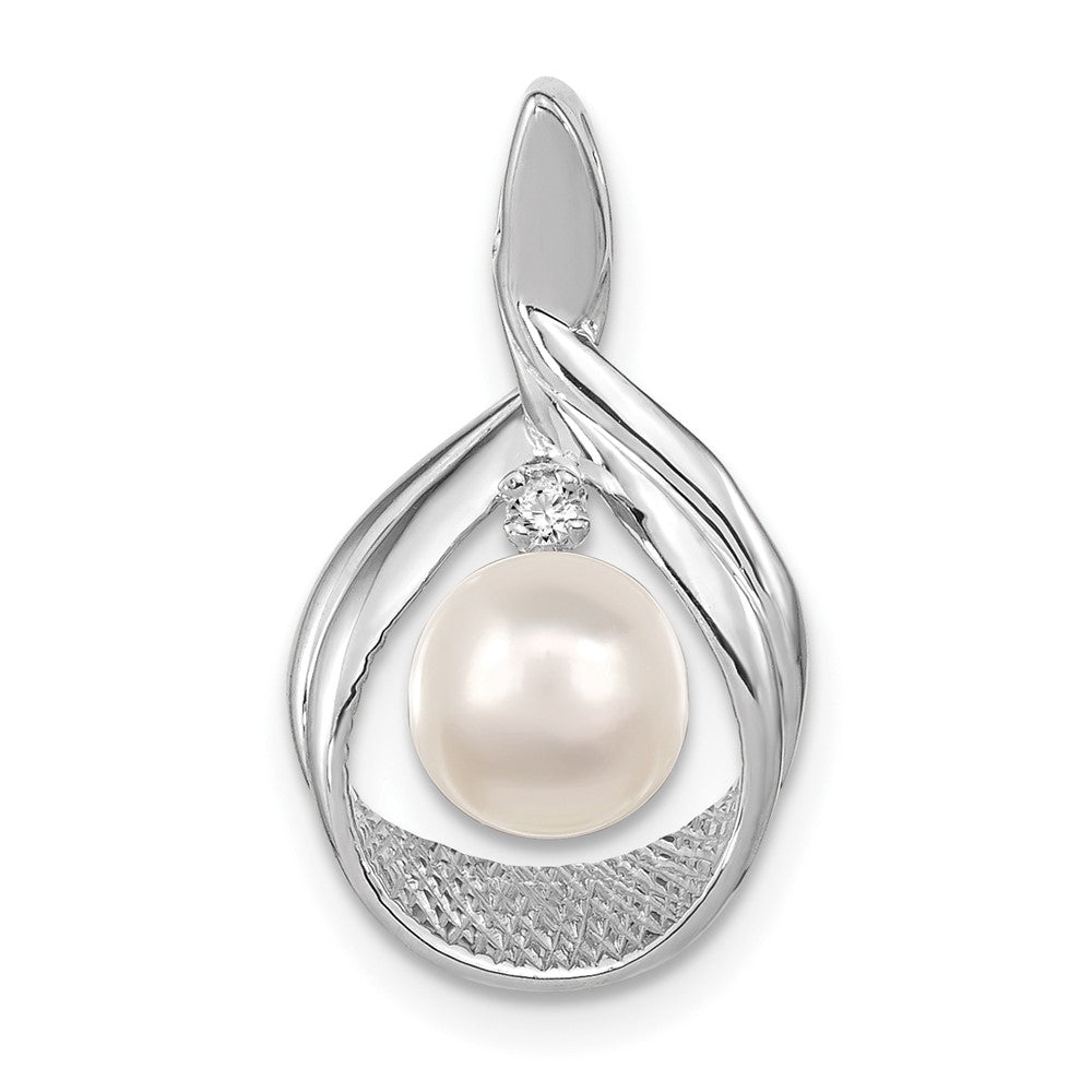 14k White Gold 7-8mm Near Round White Freshwater Cultured Pearl and AA Diamond Pendant